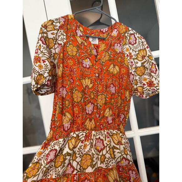dRA Los Angeles Floral Tiered Midi Dress Smocked Waist Puff-Sleeve Orange Large - Picture 4 of 11